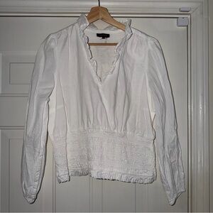 1. STATE blouse. Ruffled V-Neck Smocked Waist Women's Top. White. Sz 1X p2p 23.